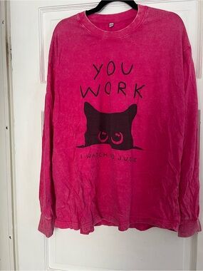 Pink Long-Sleeve Graphic Tee with Cat Motif
